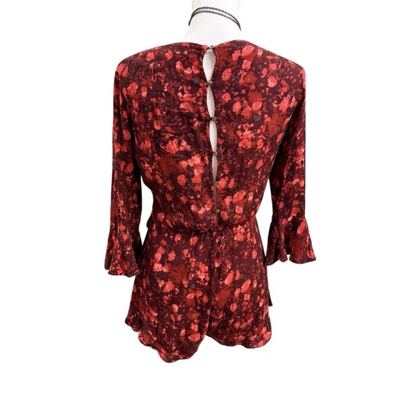 Free People All The Right Ruffles Burgundy Floral Wrap Romper Size XS - Picture 2 of 4